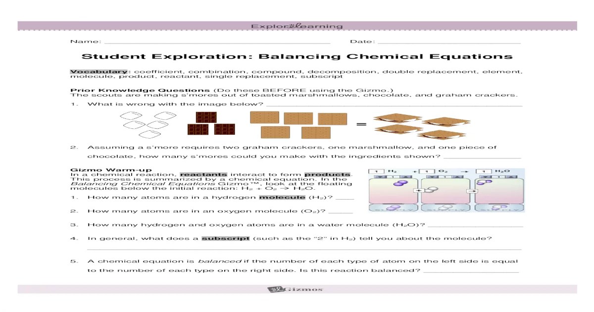 Chemical equations answer key gizmo